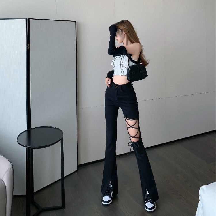 celana jens high waist wanita cutout lace-up slit celana pel wanita jeans hitam