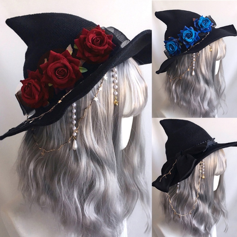 Topi Gaya Wizard Dengan Ornamen Mawar Gelap