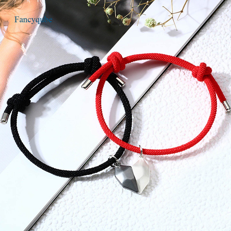 Fancyqube 2pcs / Set Gelang Tali Keberuntungan Magnetik Dapat Disesuaikan Desain Hati Batu Harapan Untuk Pria Dan Wanita