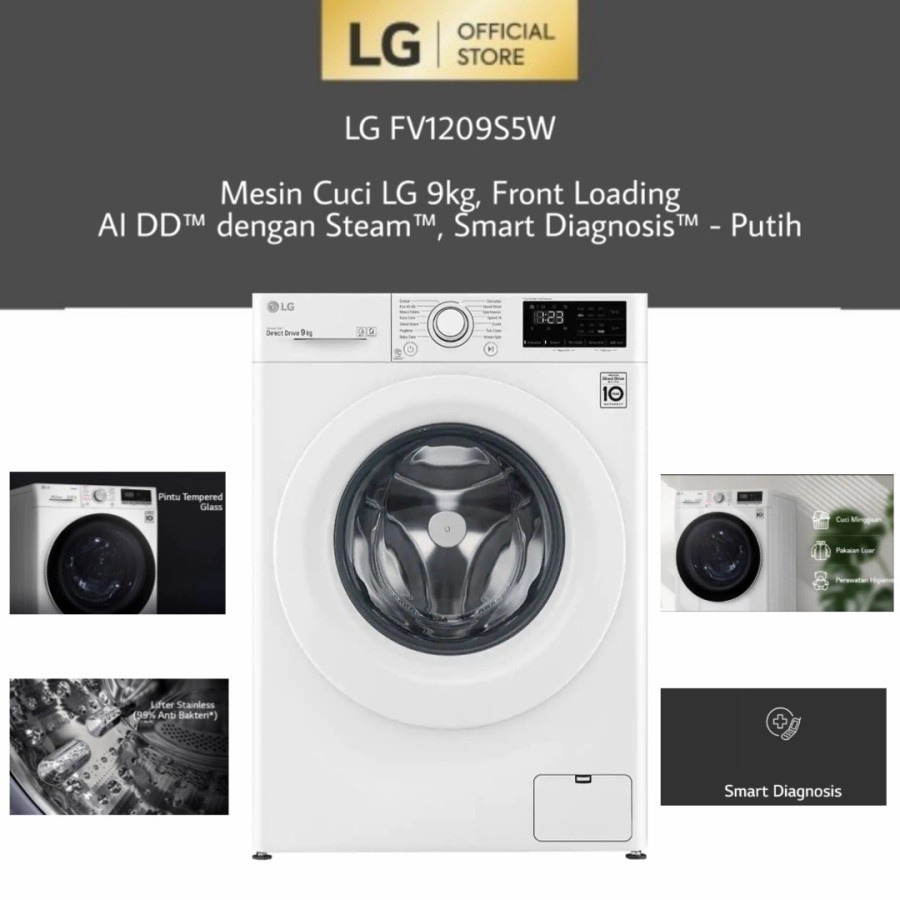 Front Loading LG 9KG FV 1209S5W / Mesin Cuci LG FV1209S5W / LG FV 1209