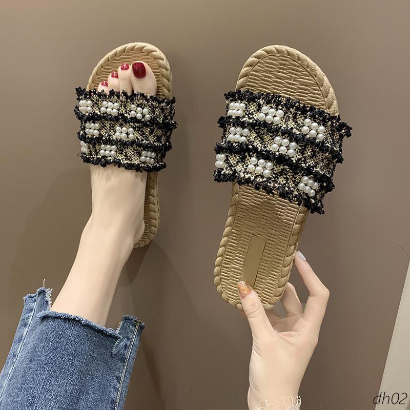 Sandal Selop Flat Open Toe Aksen Mutiara Imitasi Keren Untuk Wanita 2019