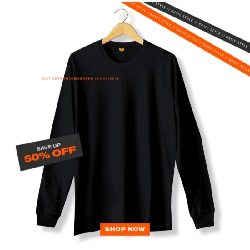 Kaos Polos Warna Hitam Lengan Panjang Ujung Lengan Rib Karet Pria Wanita Cotton 30s Combed Size S M 