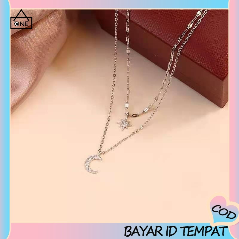 COD❤️Kalung Oktagonal Star Moon Double Layer Kalung Wanita Cahaya Mewah Rantai Klavikula Tumpang Tindih