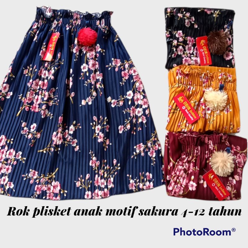 Rok plisket anak motif sakura umur 3-14 tahun/rok anak motif sakura bunga lili