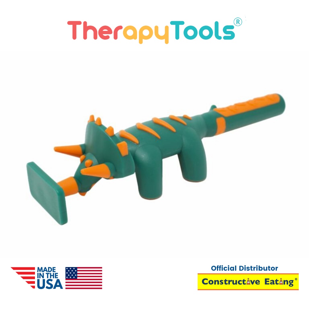 Constructive Eating - Dino Pusher, Alat latihan makan bentuk pendorong sambil bermain tipe dinosaurus pendamping sendok garpu made in USA - Therapy Tools