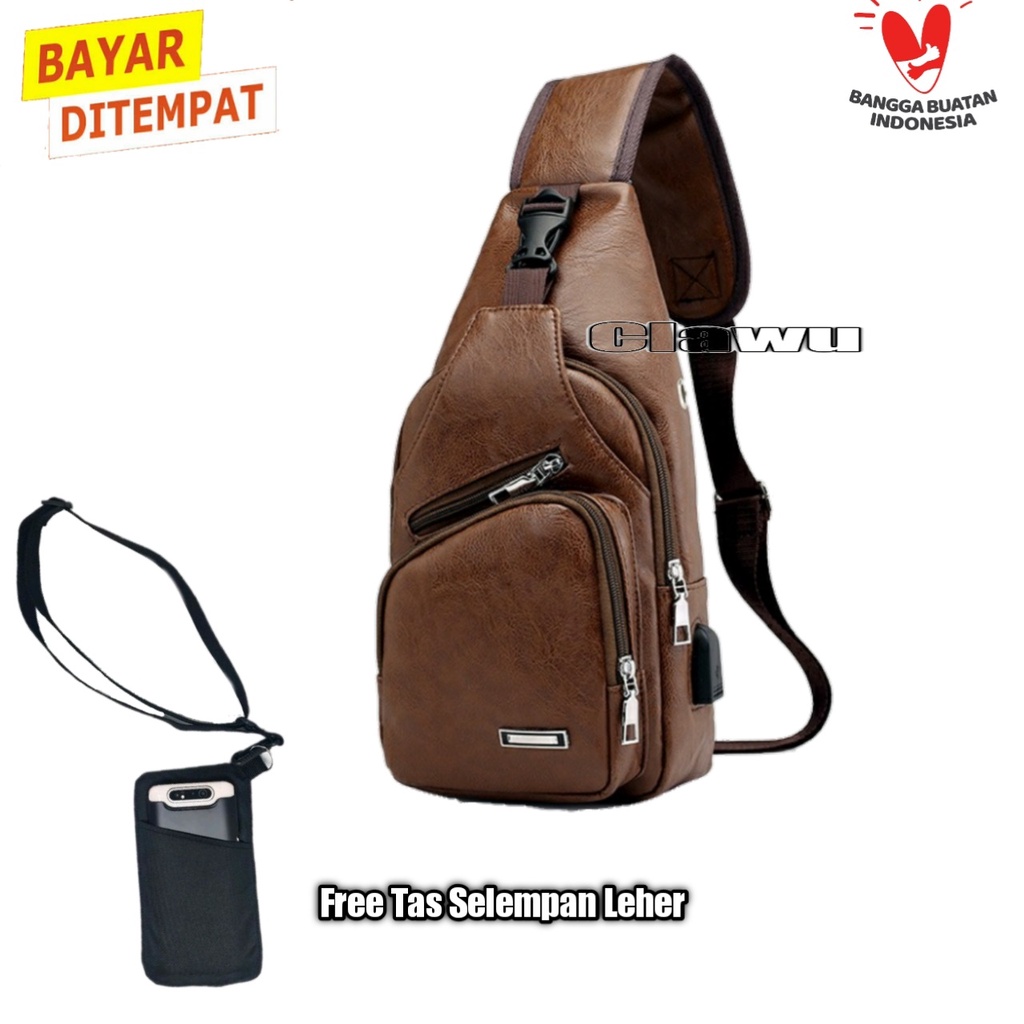 Selempang Kulit Pria Tas Hp/Tas Dada Usb/Sling Bag Usb Kulit/Selempang Sling Bag Free Sako Wallet