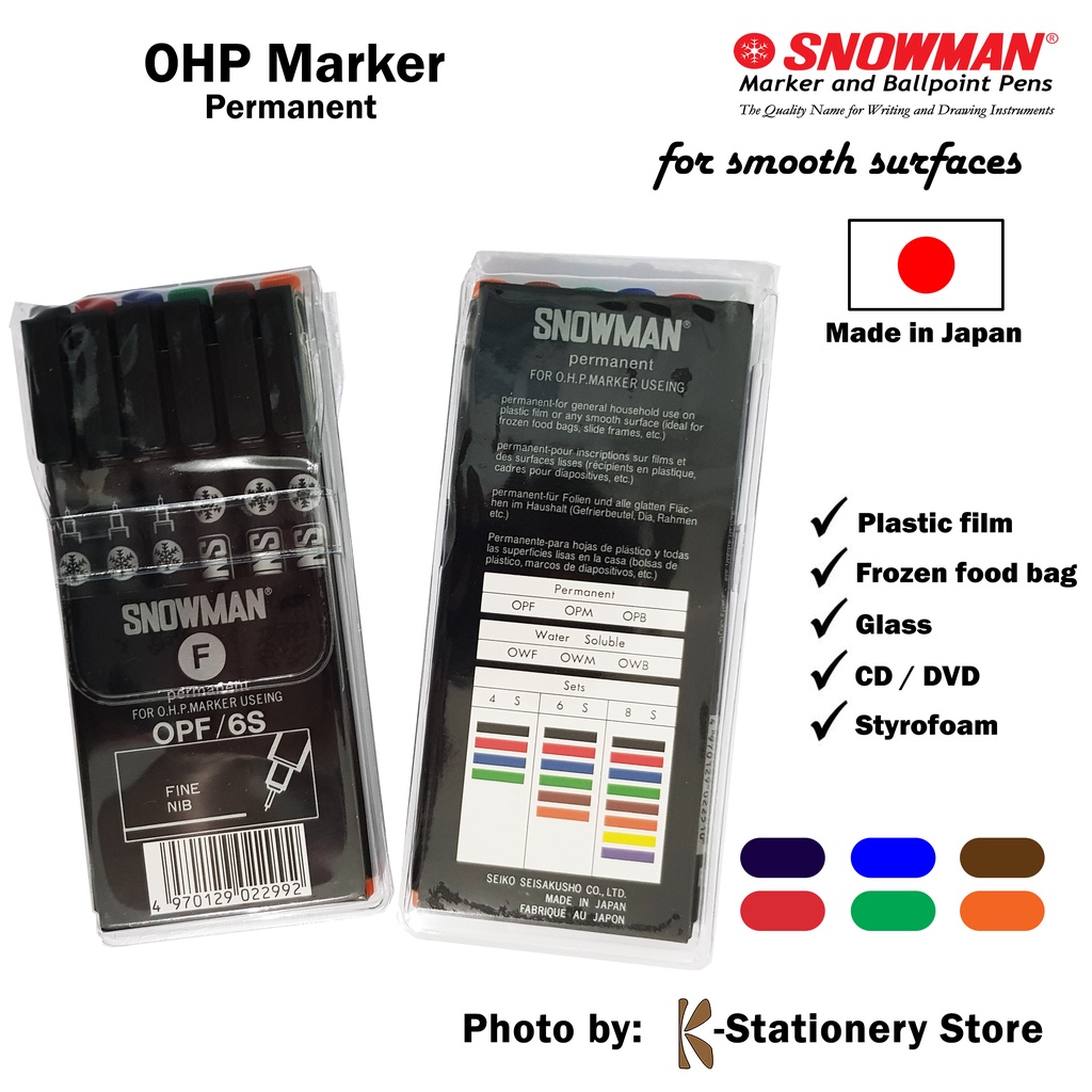 

mdn Snowman Spidol OHP Permanent Set 6 Colours FINE or MEDIUM size untuk Plastik, Kaca, Projector