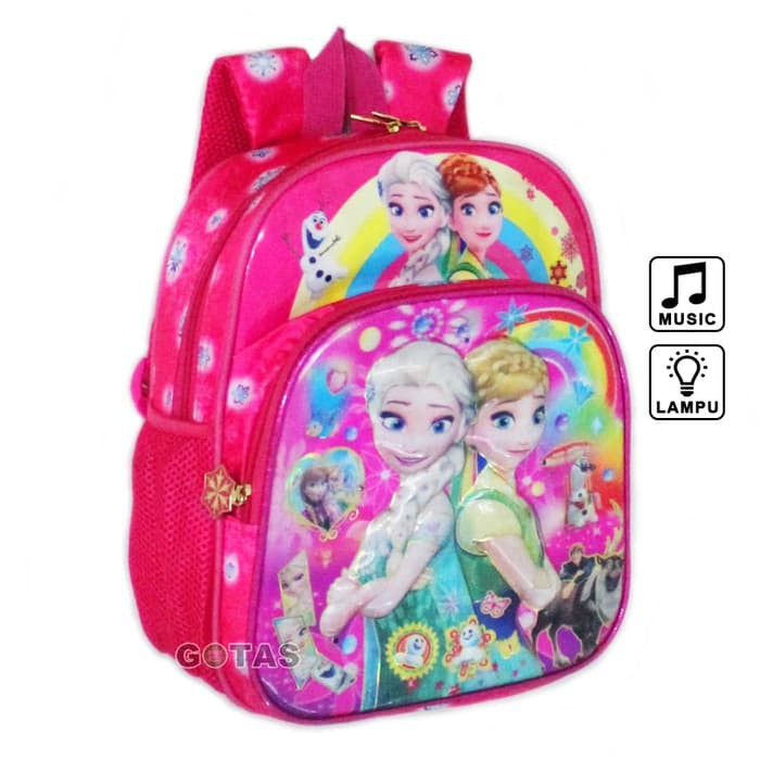 Tas Import SD| Tas Ransel Anak Sekolah TK Lampu Music Frozen 7D Timbul 2 Kantong Pink - Fuchsia BB26
