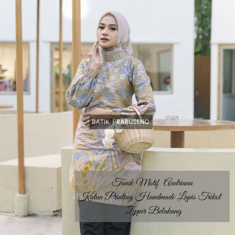 Tunik Batik Wanita Zipper Belakang ADRIANA Bahan Katun Printing Lapis Trikot Motif Batik Unik Kekini