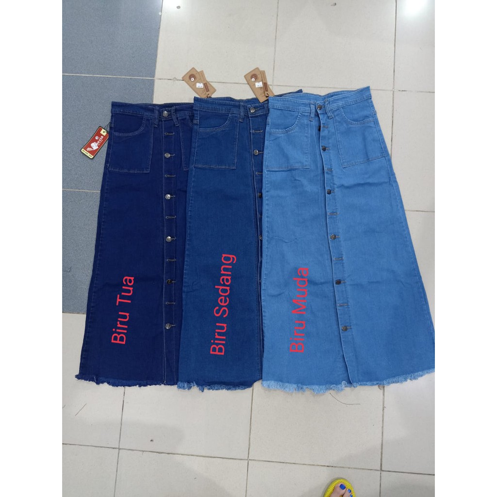 MC girl Rok Panjang Jeans Full Kancing Rawis Wanita / Rok Panjang Kancing Depan Rumbai Cewek