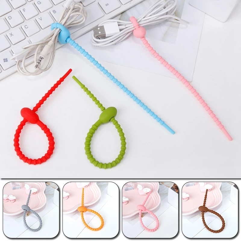 6 Pcs Tali Kabel Zip Tie Bahan Silikon Warna Acak Dapat Digunakan Kembali Untuk Penyimpanan Makanan