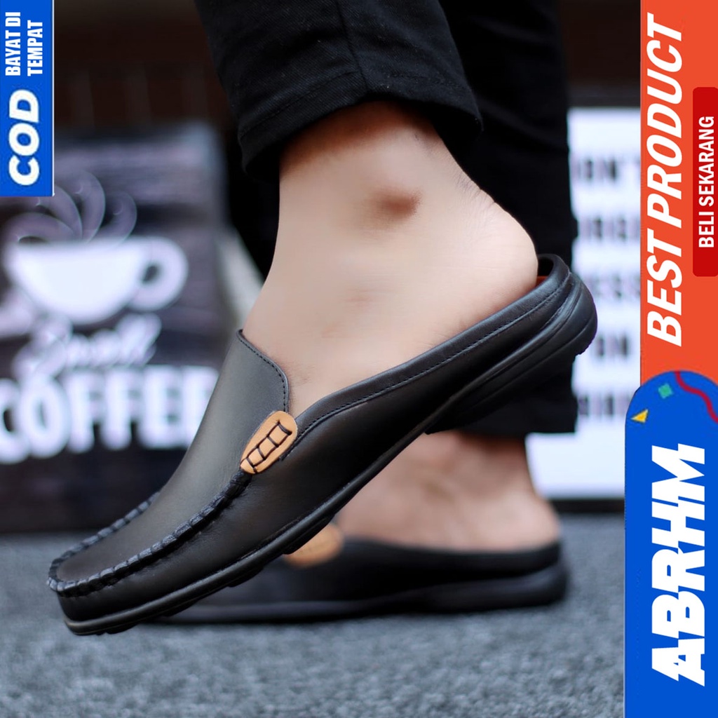 Abrhm Azura - Sepatu Sandal Pria Casual Kulit Asli Bustong Hitam