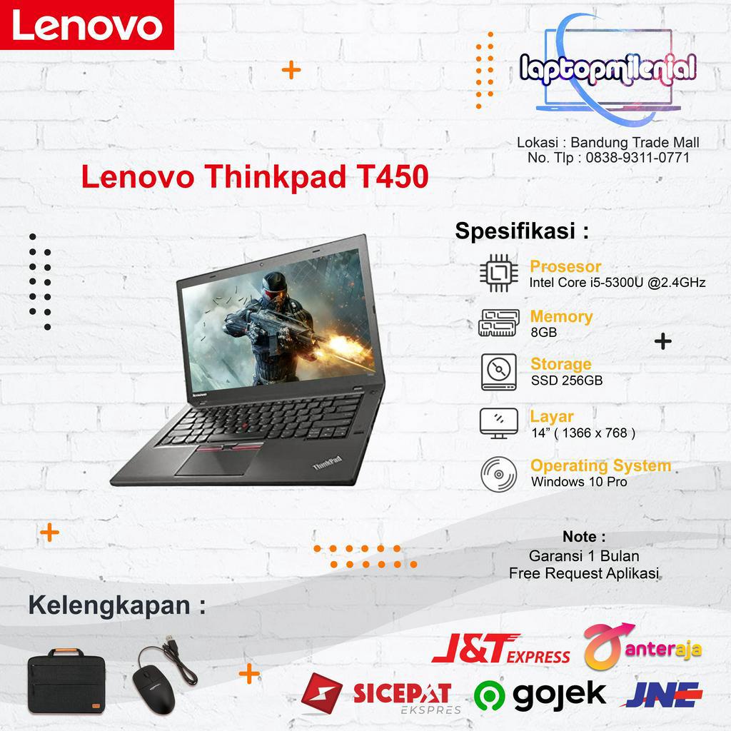 Laptop Lenovo Thinkpad T450 Intel Core i5-5300U Ram 8GB SSD 256GB 14&quot; Win 10 Original Bergaransi