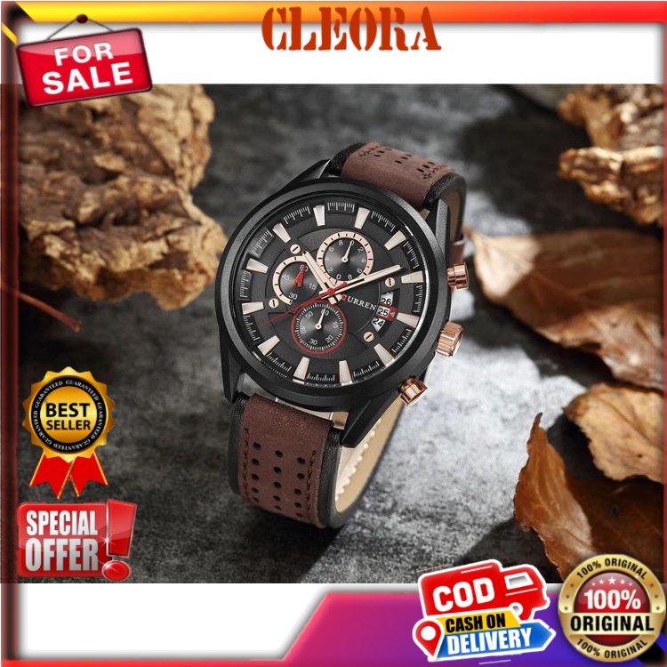Jam Tangan Pria Analog  CURREN Chronometer Ori Tali Kulit Chronograph Aktif  Jm Arloji Original Jam 