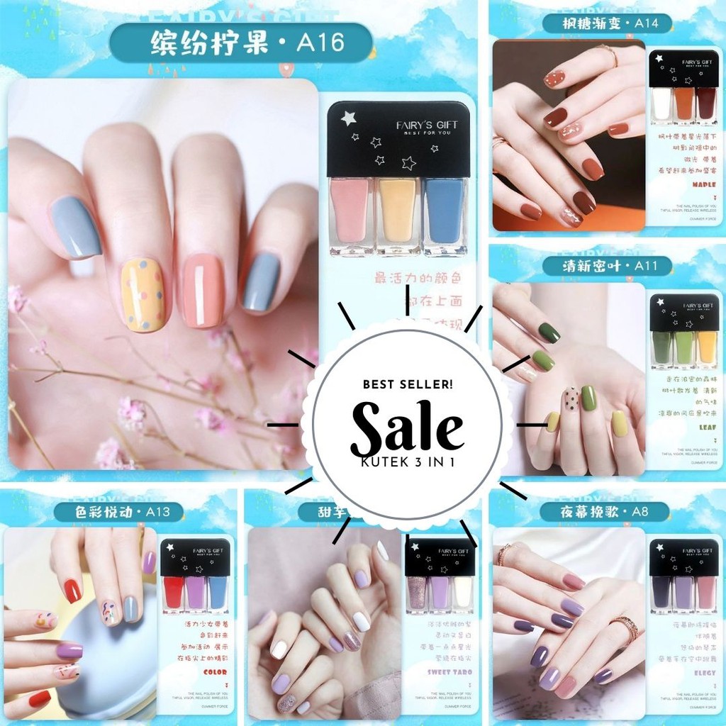 (COD) KUTEKS HALAL MUSLIMAH 3IN1 FAIRY'S GIFT NON PEEL OFF NAIL POLISH HALAL 3 TONE KUTEK KOREA