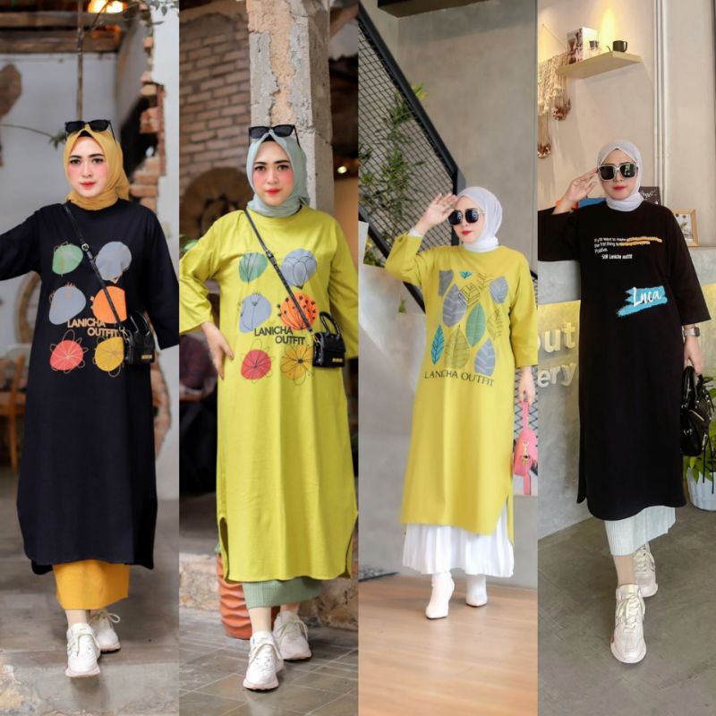 Lanicha tunik kaos lengan panjang kombinasi / tunik wanita muslimah