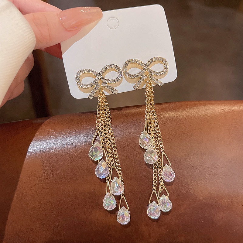 Anting Tusuk Gantung Panjang silver 925 Desain Pita Hias Kristal Berlian Untuk Wanita