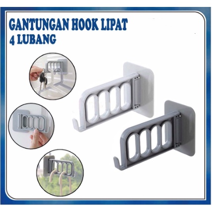 Gantungan Baju Hook Lipat Tempel Dinding 4 Lubang / Gantungan Stand Hanger Baju Pakaian Hook Lipat Serbaguna