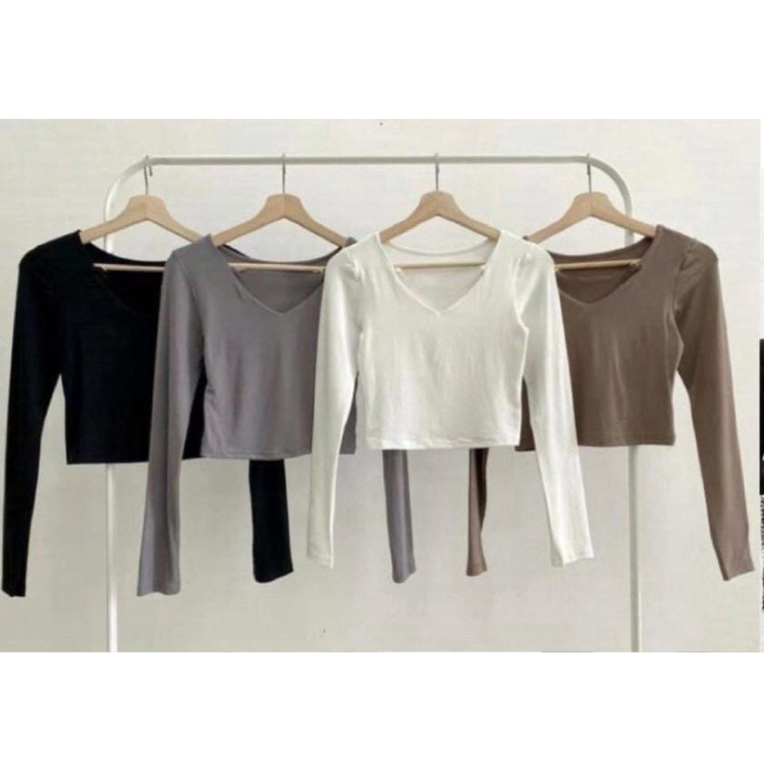 QR - ZECFS  OOTD Tshirt  Crop Vneck Panjang /  Femi Vneck Slim Fit Body Crop Top PREMIUM LYCRA / Ata