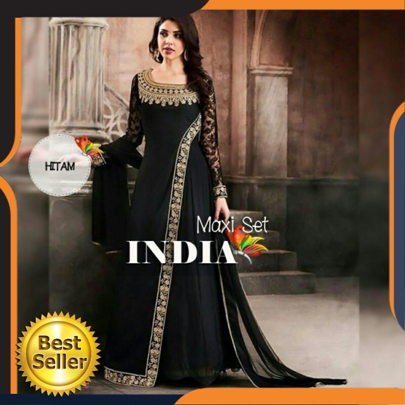 H ST Set Stelan Maxi Maxy Dress Selendang Moscrepe Brukat India baju ala india turki erbaru Terlaris
