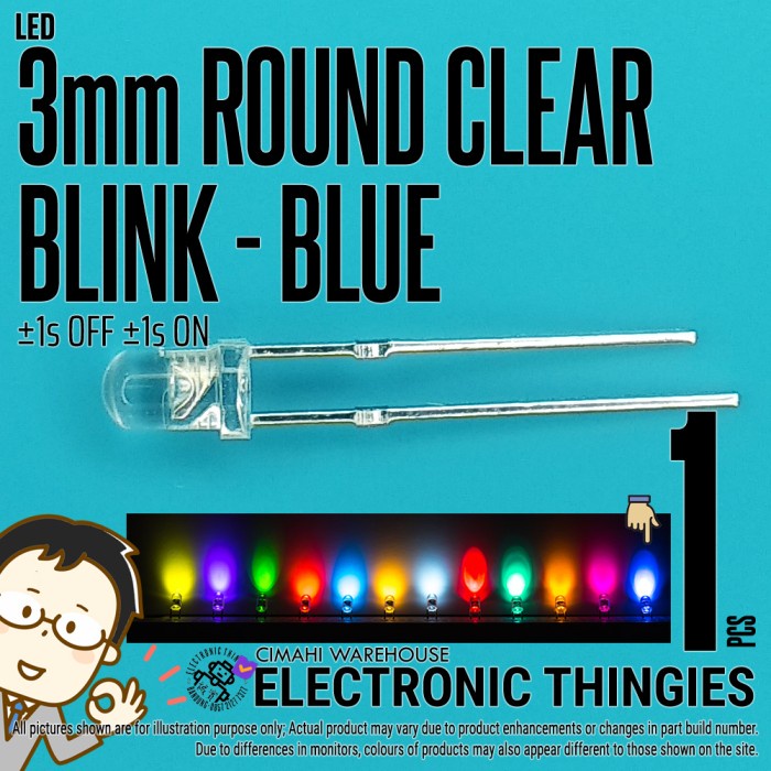 LED 3MM CLEAR KEDIP BIRU BLUE LAMPU BULAT BLINK 3 MM
