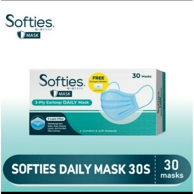 Softies Daily Mask 30'S Masker Softies 30 pcs 3 ply Earloop Mask Masker Cantol Biru Free Masker Softies isi 30 Masker Duckbill