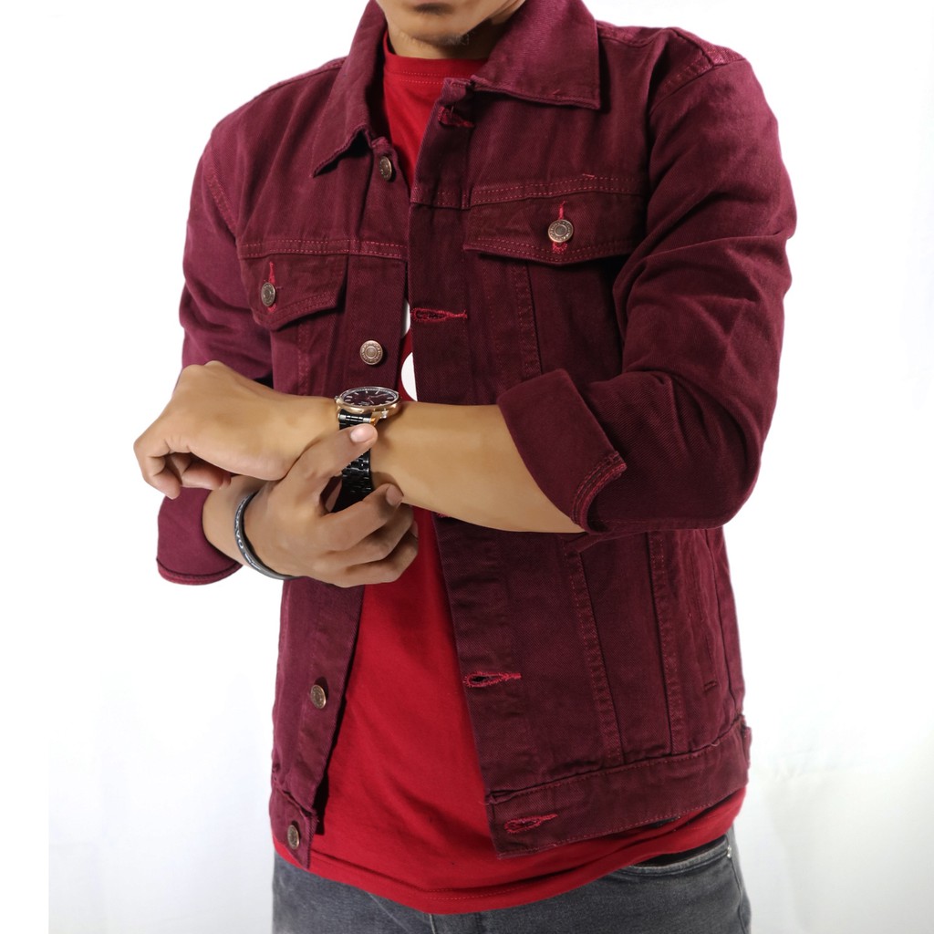 Seander (COD)Jaket Jeans Denim Pria Terbaru / Jaket Original Slim Fit Maron
