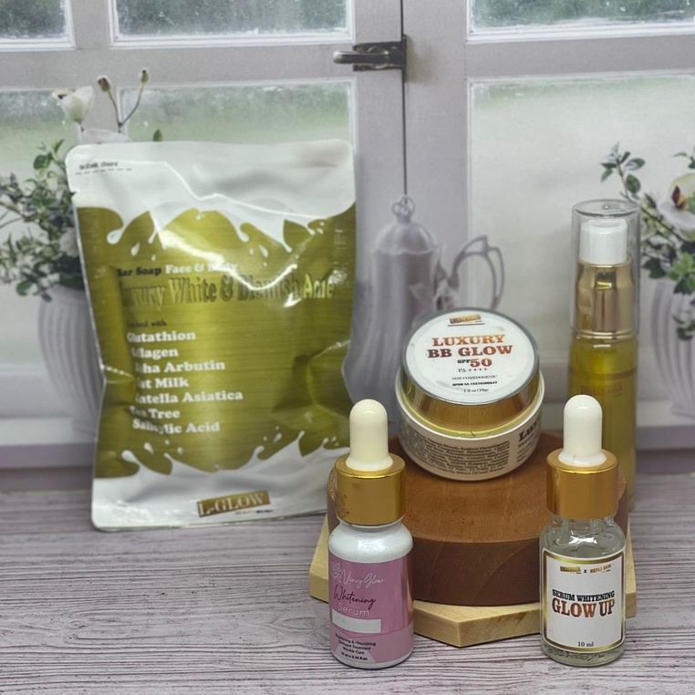 PAKET BB GLOW LUXURY SPF 50+, SERUM PROPOLIS, BODY SERUM PEELING WHITE AHA & PAKET BAR SOAP LUXURY W