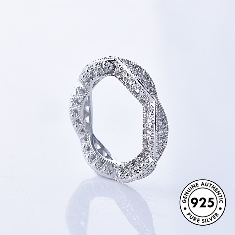 Cincin S925 Silver Bentuk Bulat Model Hollow Aksen Berlian Untuk Wanita