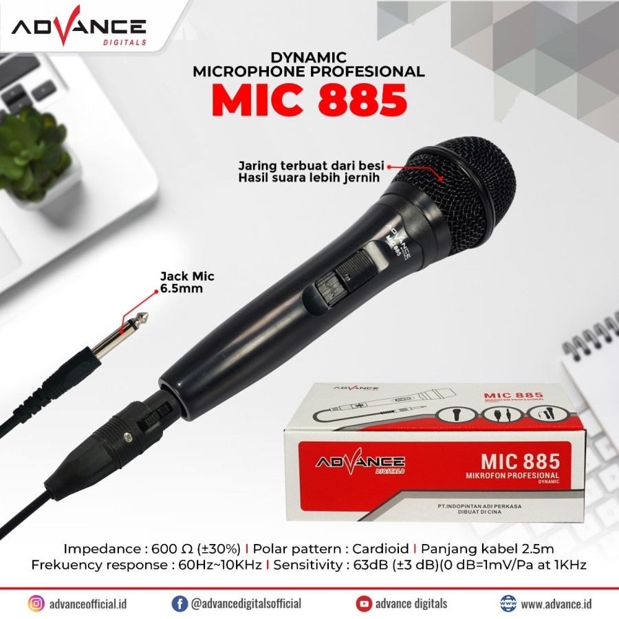 Advance Mic Karaoke Profesional Dynamic Microphone Mic Kabel MIC885 - Microphone Advance 885 / Mic Karaoke Universal Mikrofon Original - ADVANCE MIC885~FMS