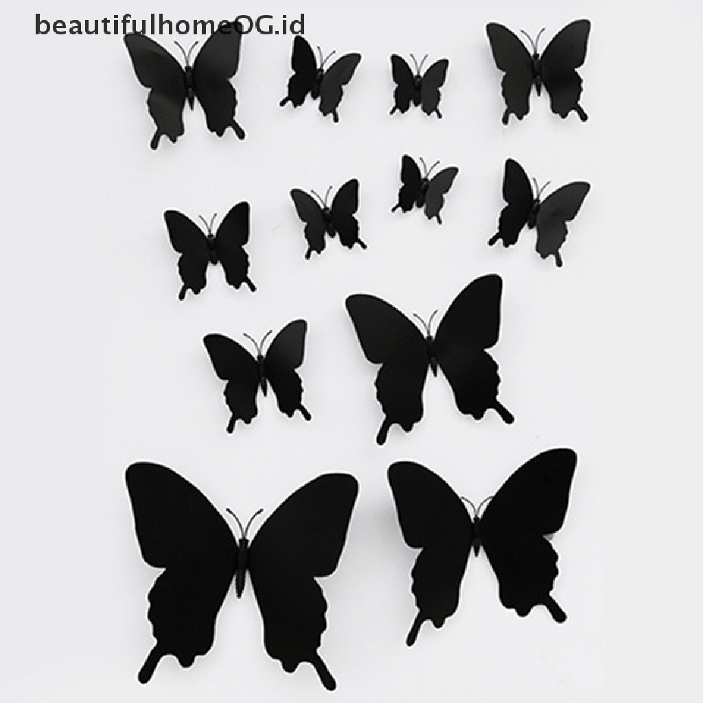 12pcs / set Stiker Dinding Magnet Kupu-Kupu 3D Warna Hitam