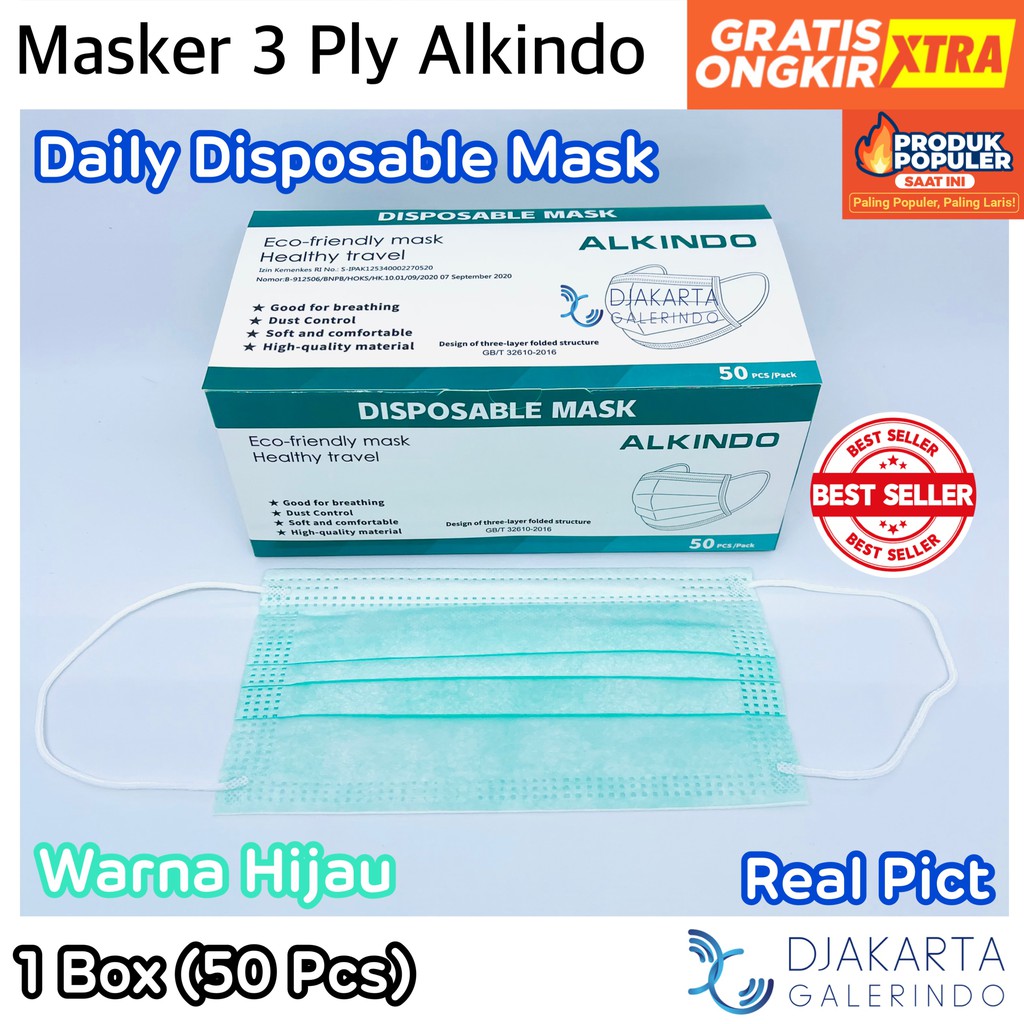 Masker 3Ply Earloop Alkindo Mouson Earloop Original  - isi 50 Pcs