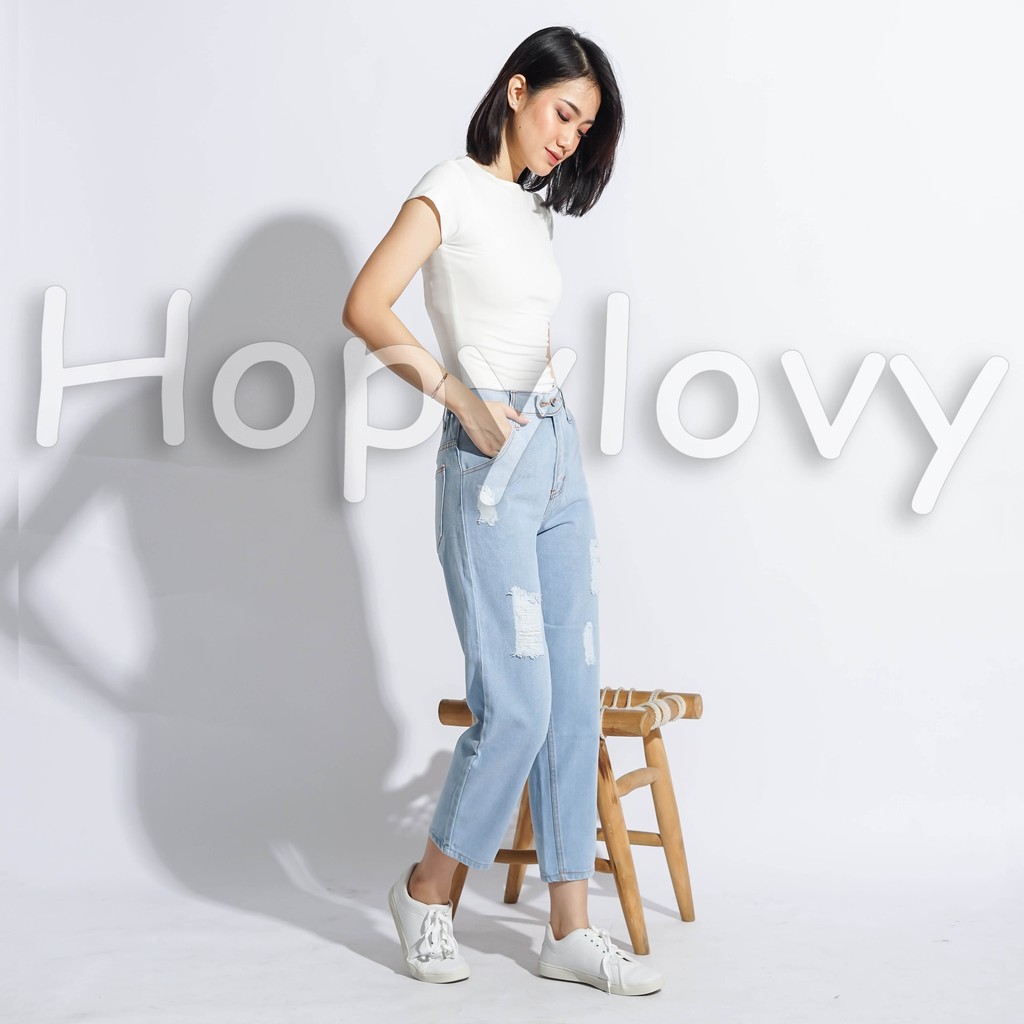 HOPYLOVY - Celana Jeans Boyfriend Wanita Ripped Furing Danita