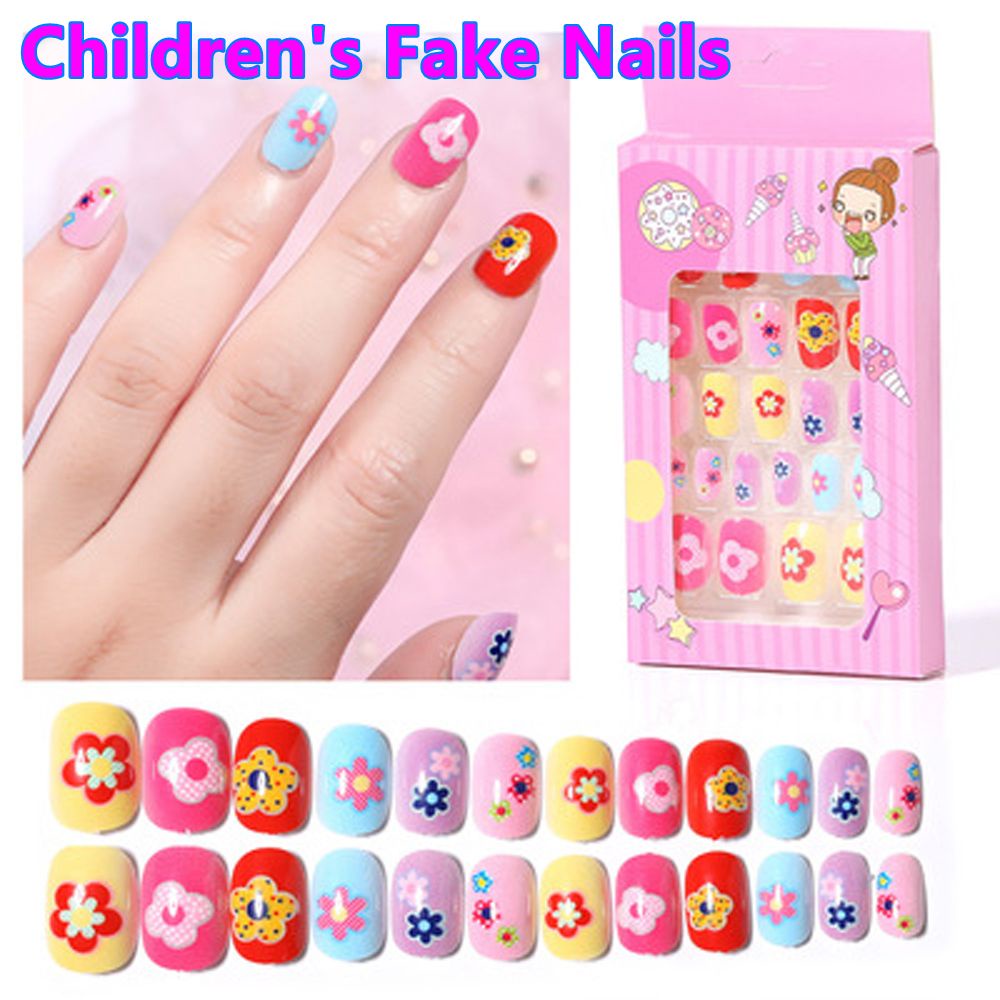 Mxbeauty 24pcs / Set Kuku Palsu Anak Perempuan Motif Kartun Bunga Warna-Warni Untuk Dekorasi Manicure Diy