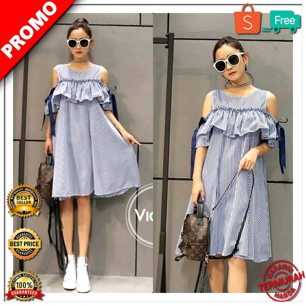 NEW Dress Off Shoulder Biru Pakaian Wanita Mini Dress Sabrina BEST SELLER