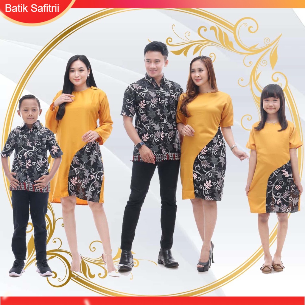 Couple Keluarga - Batik Kombinasi Keluarga Natal - Ibu Bapak Anak - Motif Moscrep Kuning - Dress Tun