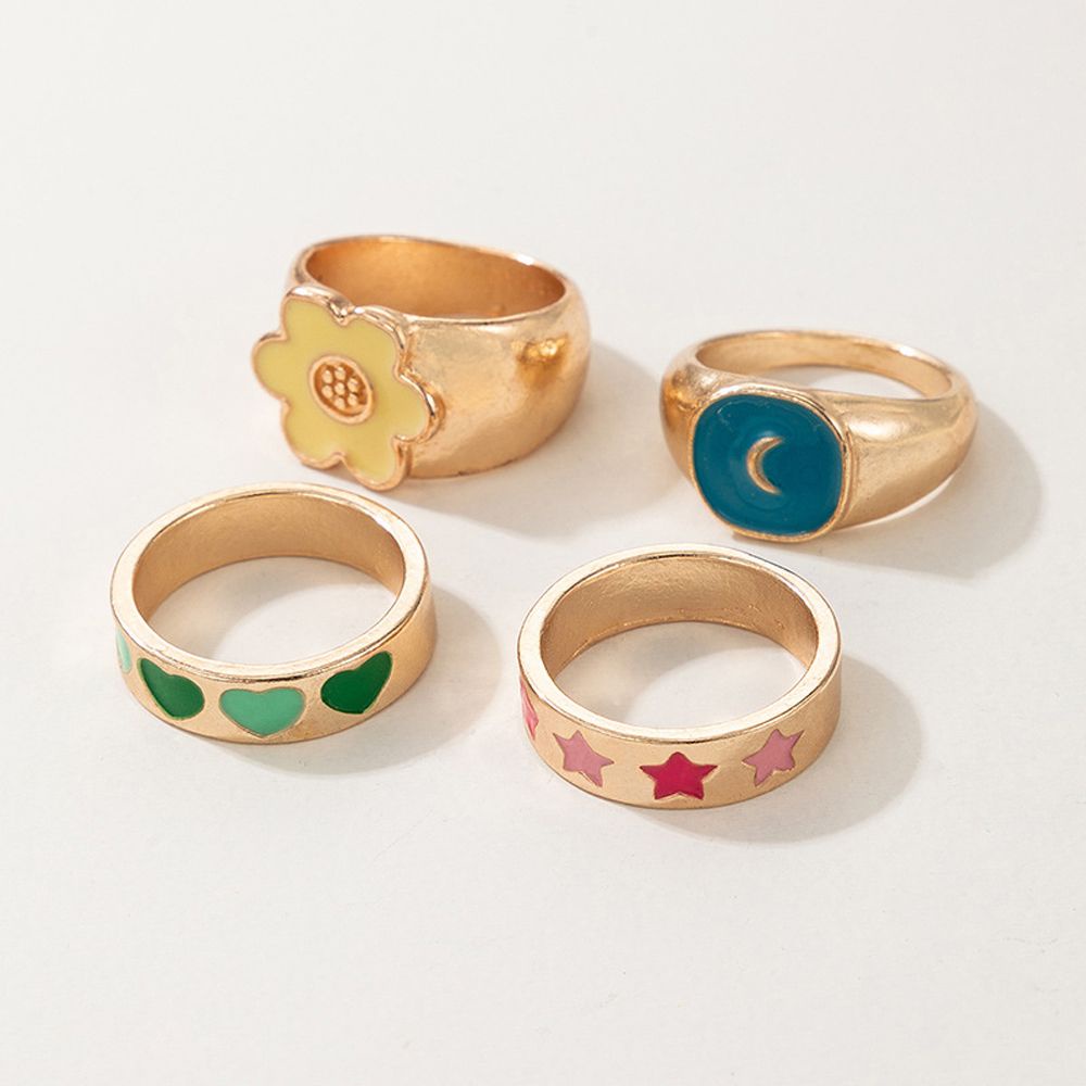 Needway  Korean Enamel Finger Rings Sweet Fashion Jewelry Rings Set Flower Moon Pearls Temperament Vintage For Women Dripping Oil