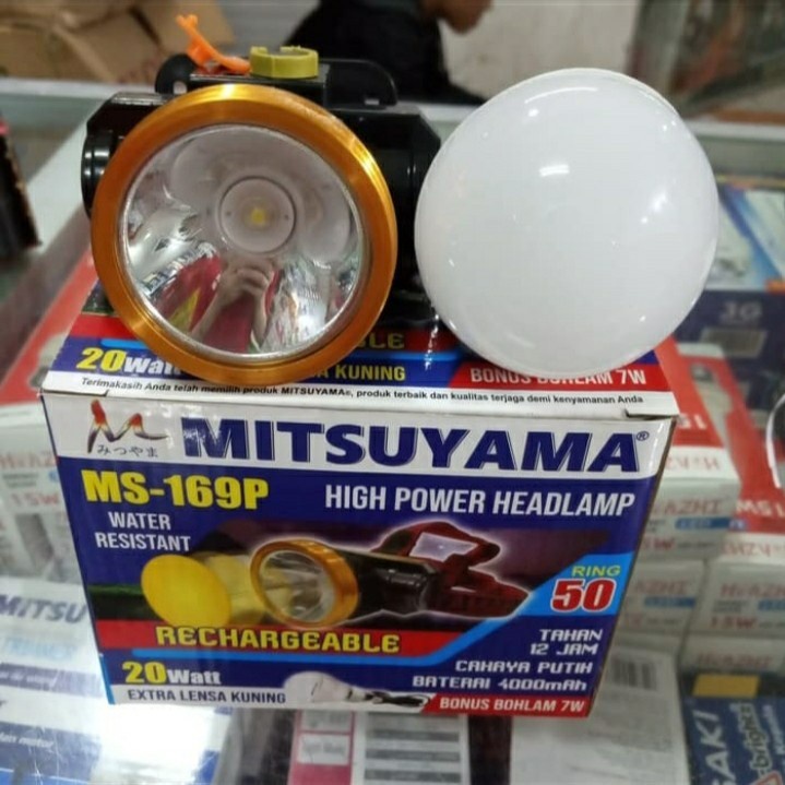 Senter Kepala Cas LED 20watt mitsuyama MS-169p Lensa Kuning Fre Bohlam