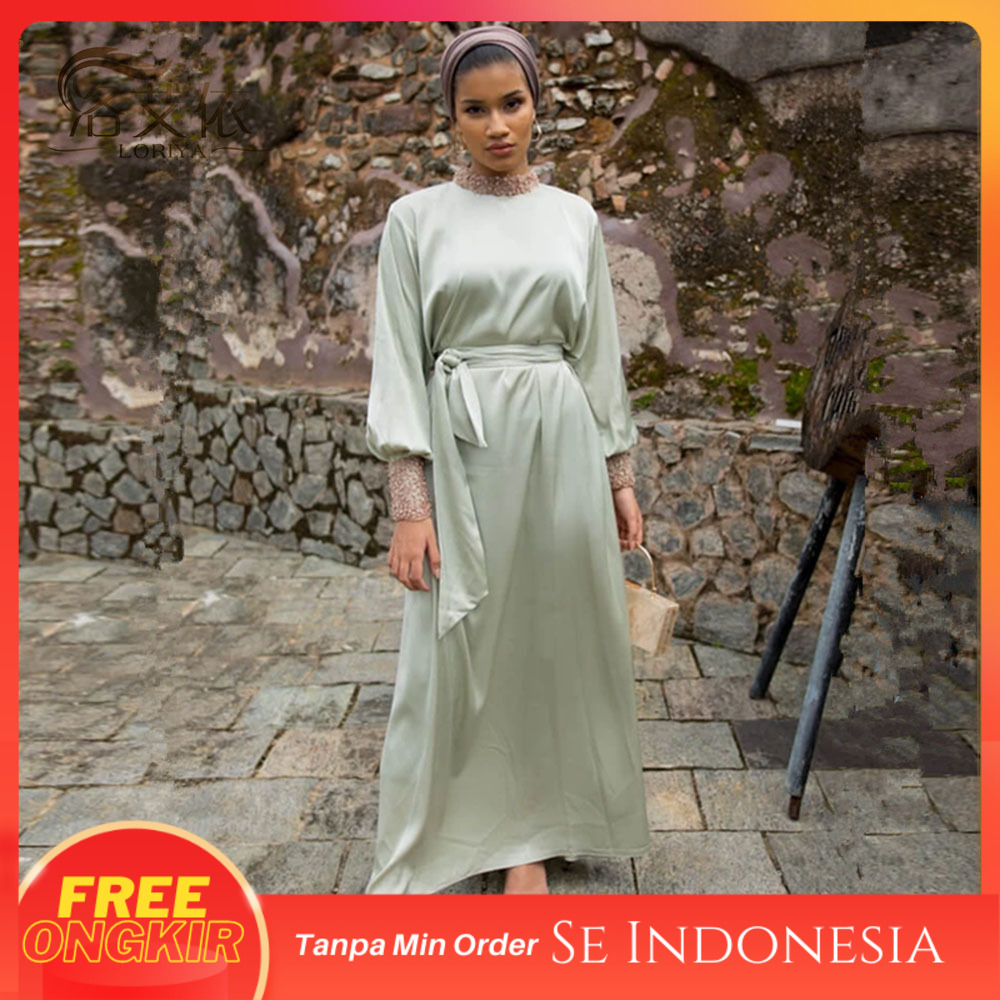 Fashion Muslim Gaun Lembut Lace Beaded, Dubai Segar  Manis Satin Dress Lr376
