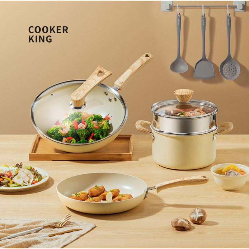 Cooker King Set Panci Granite Coating Anti Lengket Creme Series (isi 3 pcs Panci + Steamer)