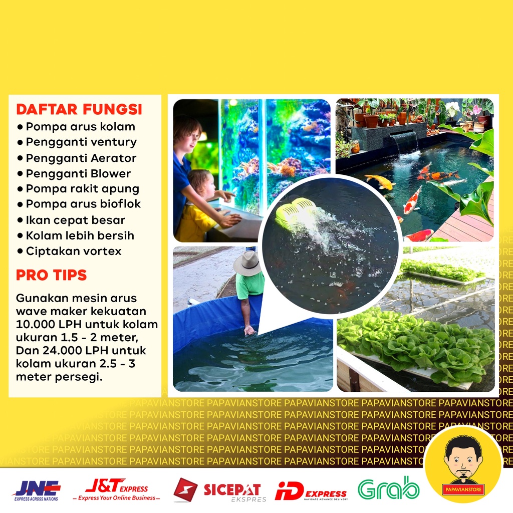 Pompa Mesin Arus Wave Maker Pencipta Ombak Air Kolam Ikan Hias Koi Aquarium Tank Predator Submersible Water Pump Celup Rendam - 24000 LPH Liter Per Jam Semburan 3 Meter Low 25 Watt Rendah Daya Dorong 3 Meter