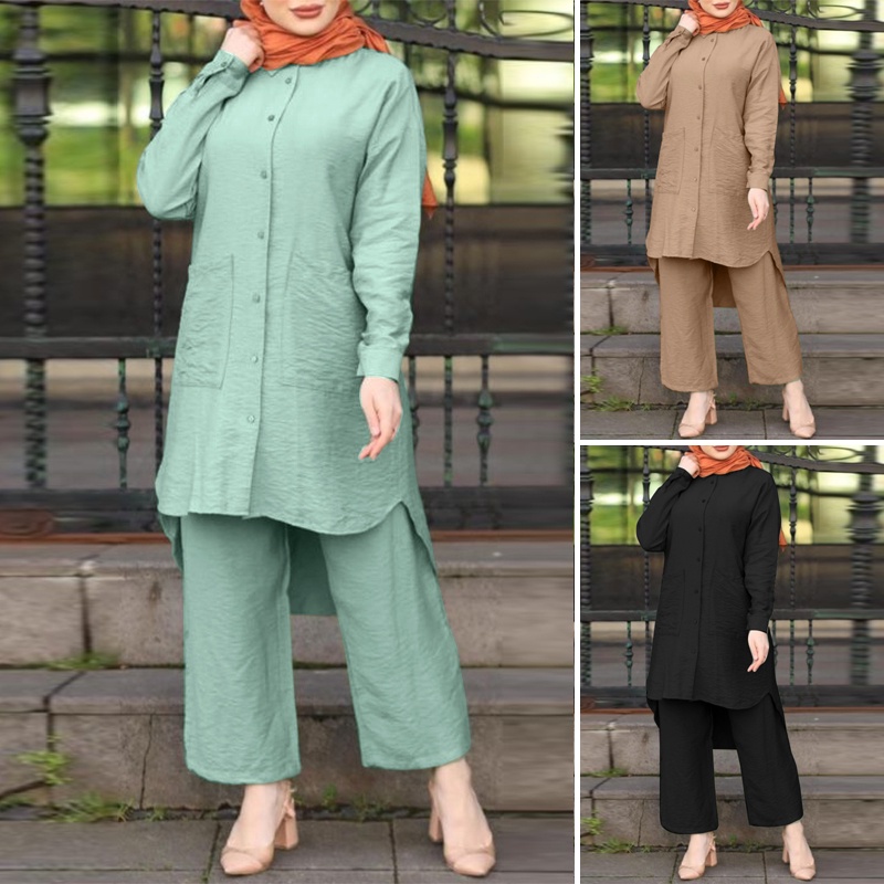 ZANZEA Women Full Sleeved Casual Loose Solid Blouse Suits Muslim Sets