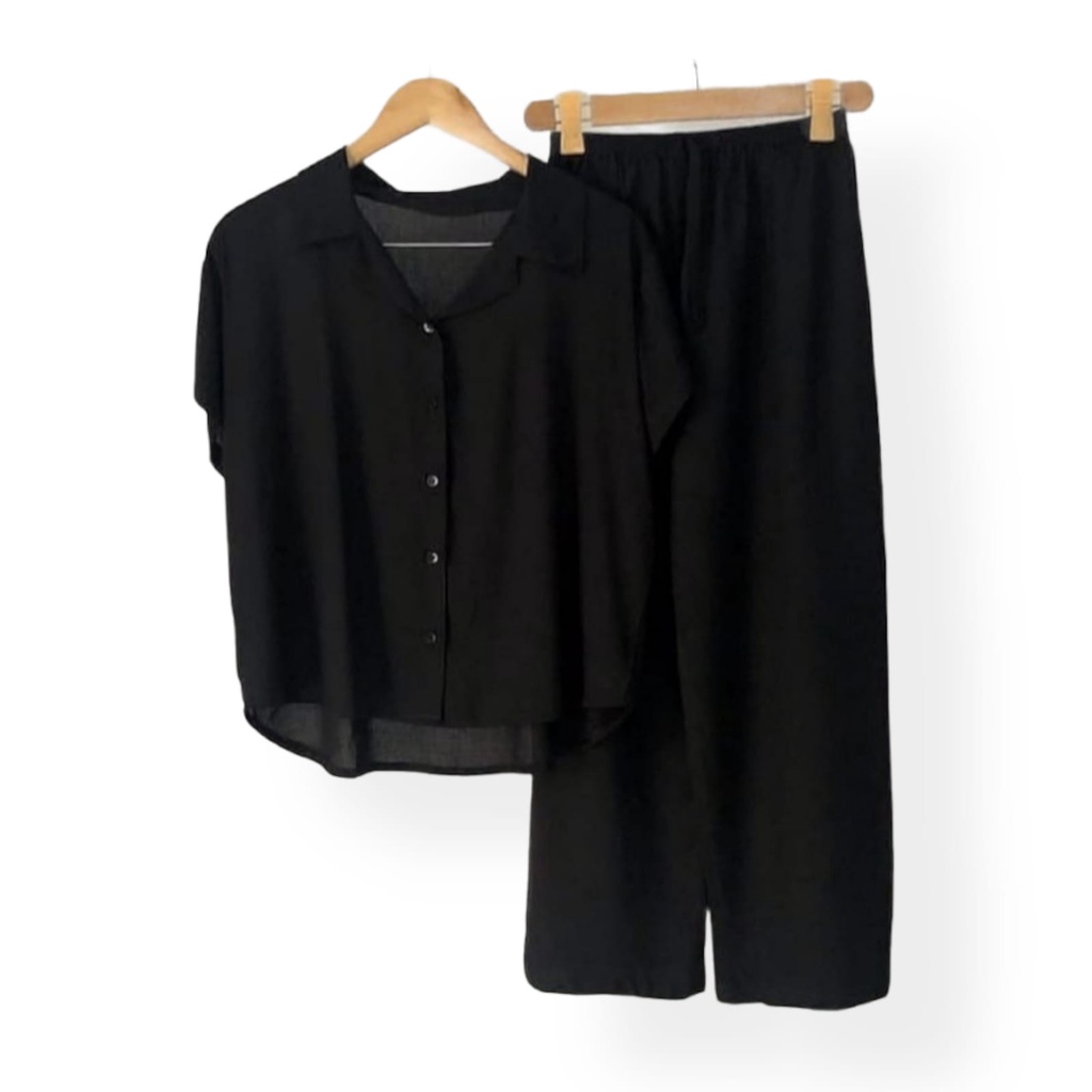 PIYAMA | BAJU TIDUR WANITA | SETELAN WANITA | PIYAMA WANITA | PIYAMA RAYON | PAJAMAS | PIYAMA JUMBO-Hitam