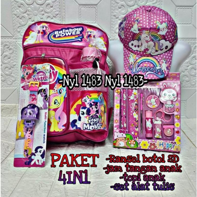 Tas Ransel Anak Perempuan Little Pony 4 In1 - Tas + Topi + Jam + Paket Pinsil Gratis Botol Minum - T