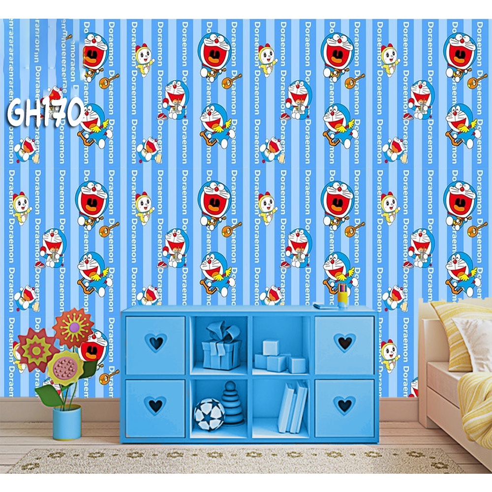 Wallpaper Stiker Dinding 3D Motif Doraemon Dan Hello Kitty Bahan PVC Mudah DiPasang - WORLDDEKOR