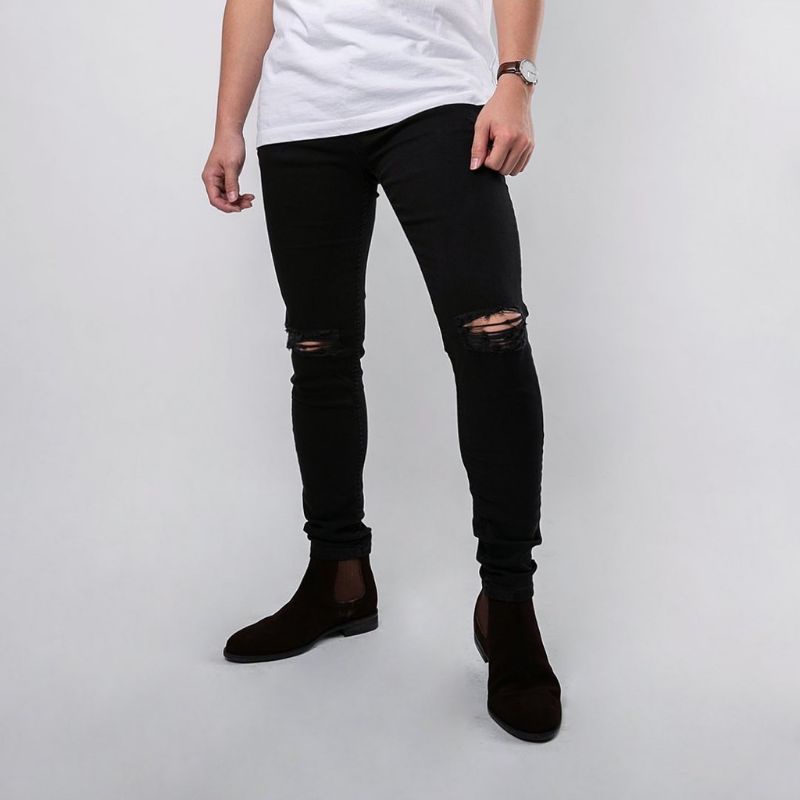 ( COD ) CELANA SOBEK LUTUT PRIA PANJANG SKINNY RIPPED SOTFJEANS / CELANA PRIA