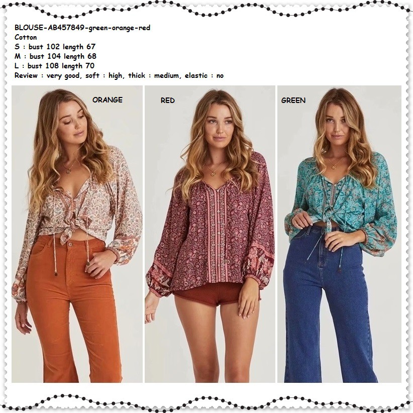AB457849 Baju Atasan Boho Lengan Panjang Wanita Blouse Korea Import Merah Orange Green Hijau Oren