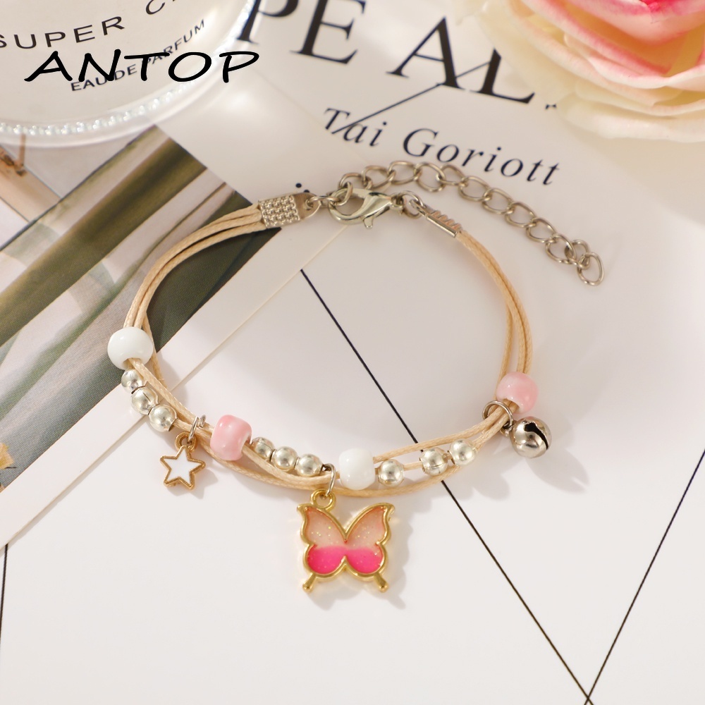 Gelang couple Liontin Rantai Banyak Lapis Aksen Kupu Daisy Gaya Korea Untuk Wanita Adjustable Fashion Aksesoris ANTOP