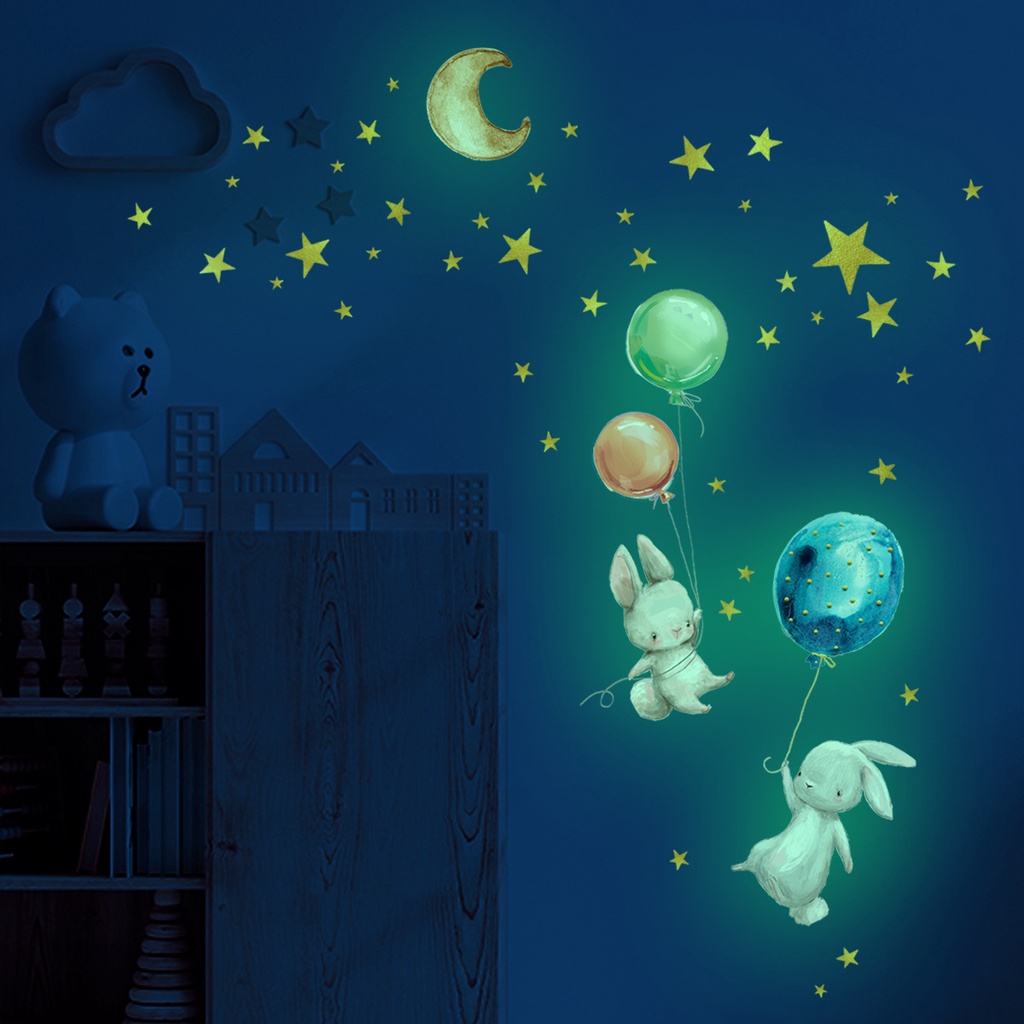 1 Set Stiker Dinding Desain Kartun Bulan Gajah Kelinci Beruang Awan Bintang Glow In The Dark Untuk Kamar Anak