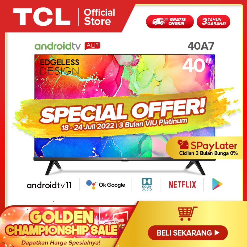 TCL 40 inch Smart TV LED – Android 11.0 – FHD – WIFI/HDMI/USB Bluetooth/ Netflix – (Model : 40A7)
